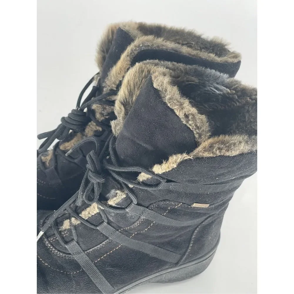 Ara Boots Magaly Women Size 6.5 Black Suede Gore Tex Faux Fur‎ Lace Up